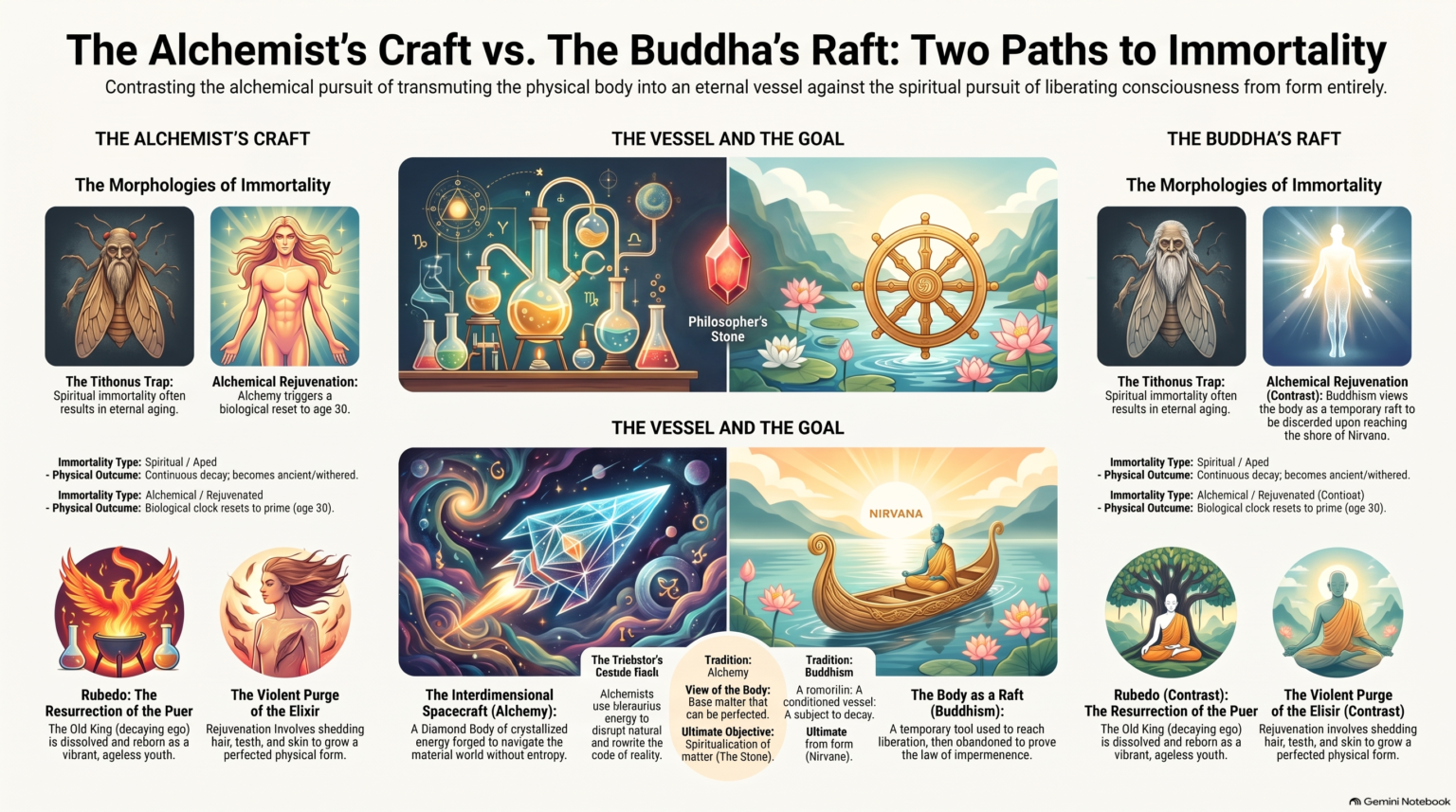 Conceptual infographic contrasting the alchemist's transformed vessel with the Buddhist path of liberation