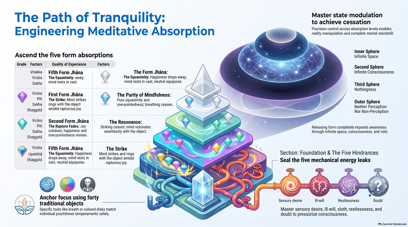 Illustrated tower and nested spheres representing the chapter’s form and formless absorption models, with meditation subjects and a hindrance diagram. Some stage labels are inaccurate; the accompanying text supplies the corrected map.