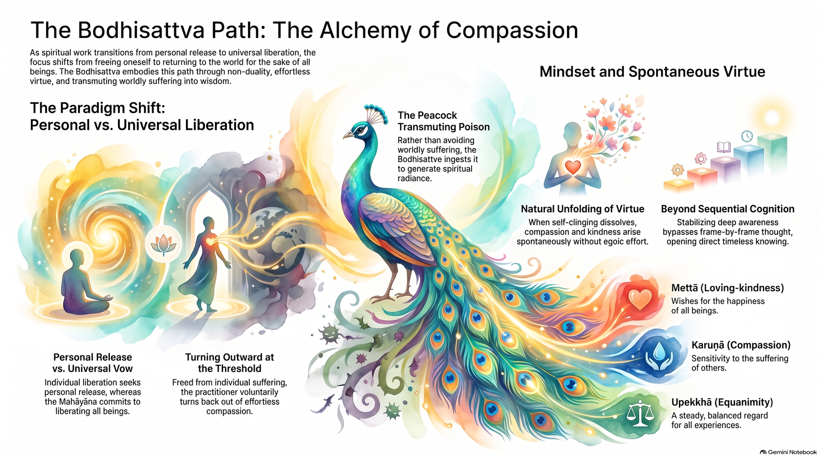 Bodhisattva path infographic: personal freedom turning towards universal compassion, a colourful peacock symbolising transformation, and loving-kindness, compassion and equanimity represented on the right