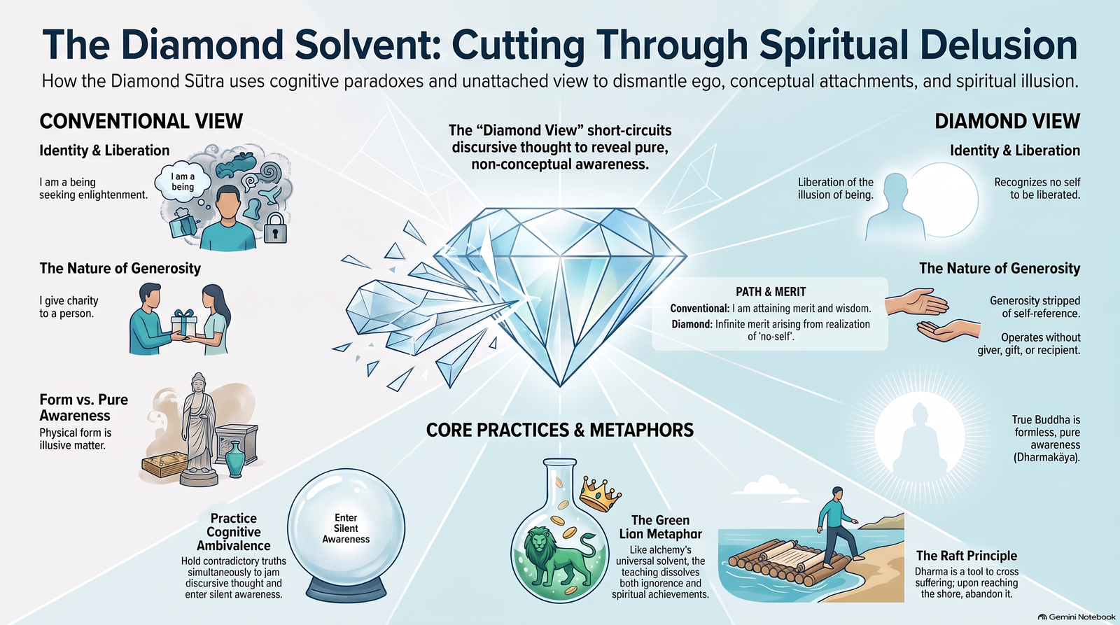 Concept map contrasting conventional and Diamond views of identity, giving and form; a central diamond breaks apart, with symbols of the Green Lion and raft below.