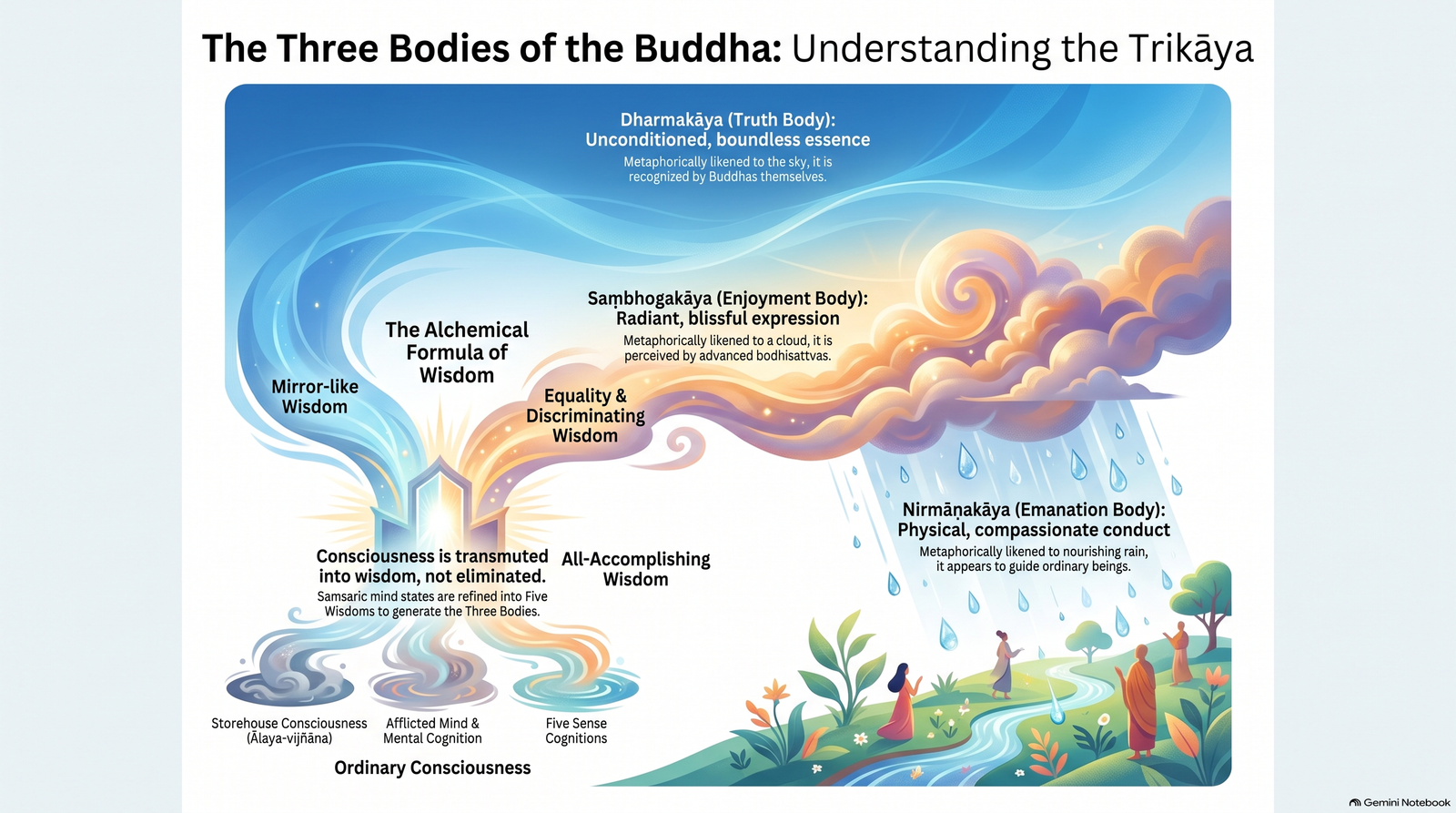 Illustrated sky, cloud and nourishing rain depicting the three bodies of the Buddha, above a symbolic flow from ordinary consciousness towards wisdom and compassionate action